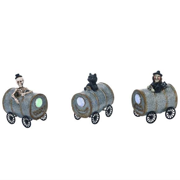 Transpac Resin 5in Silver Halloween Light Up Musical Barrel Figurine Set of 3 - Picture 2 of 15